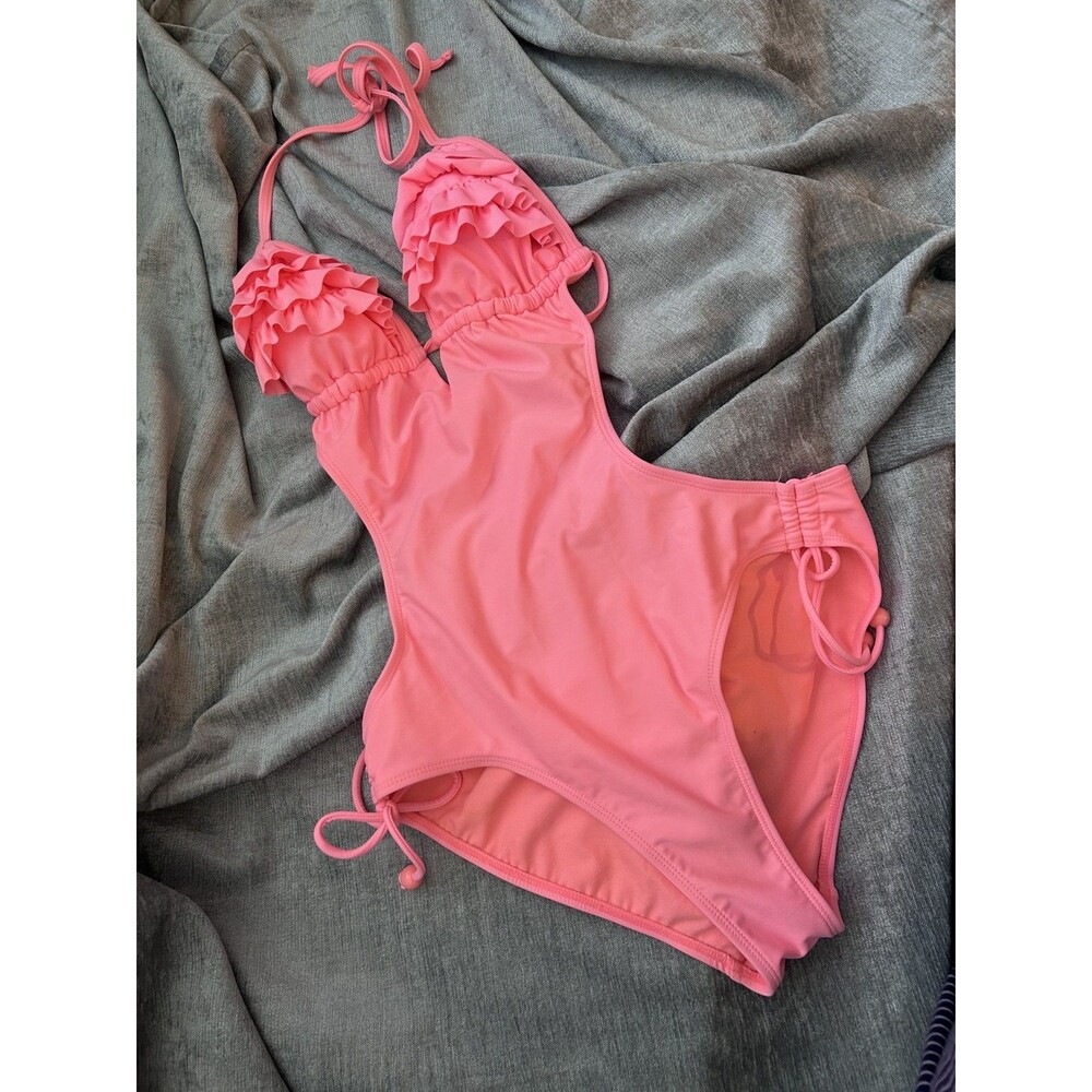 Op Medium Pink Ruffle Plunge Monokini One Piece Swimsuit Adj Cup Width